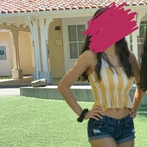 Yellow and white striped peplum tube top American eagle